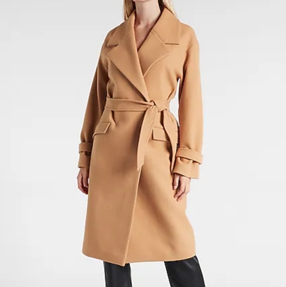 Express Belted Wrap Front Faux Wool Coat Light Gray HAL3 - Picture 3 of 16